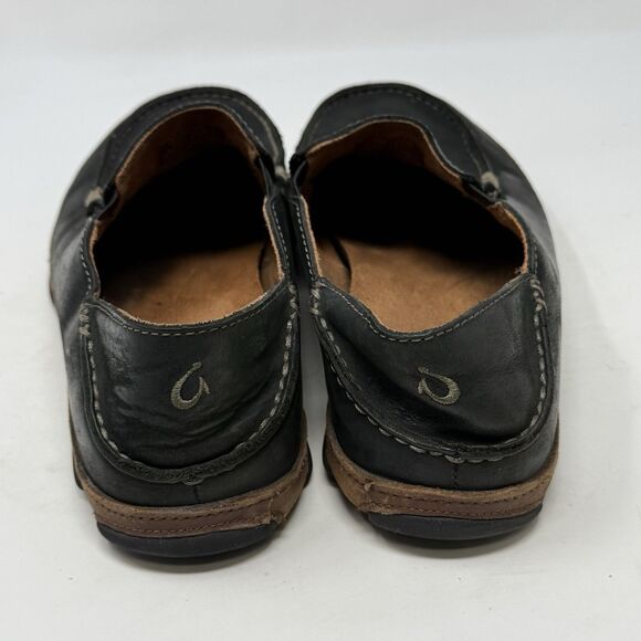 OluKai Moloa Shoes Mens 8 Black Leather Slip On Moc Toe Casual Loafers - Picture 10 of 16